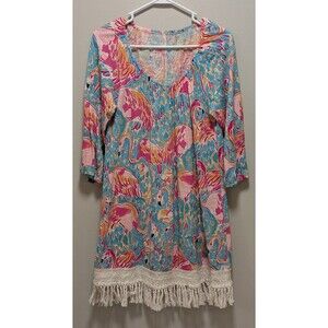Lilly Pulitzer Alia Fringe Flamingo Pink Blue Top Shirt Cover Up Tunic Cotton XS